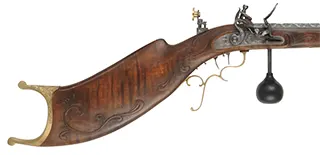 Schuetzen Offhand Target Rifle,
.40 caliber, 31" Oregon Rifle Works barrel,
walnut, brass furniture, globe & tang sight,
palm rest, engraved, by B. Raby